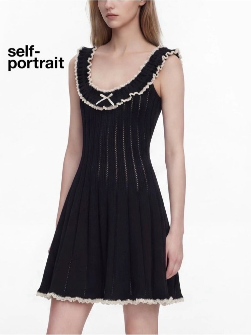 NEW Self-Portrait Black Contrast Trim Knit Mini Dress Ruffle Bow | US S